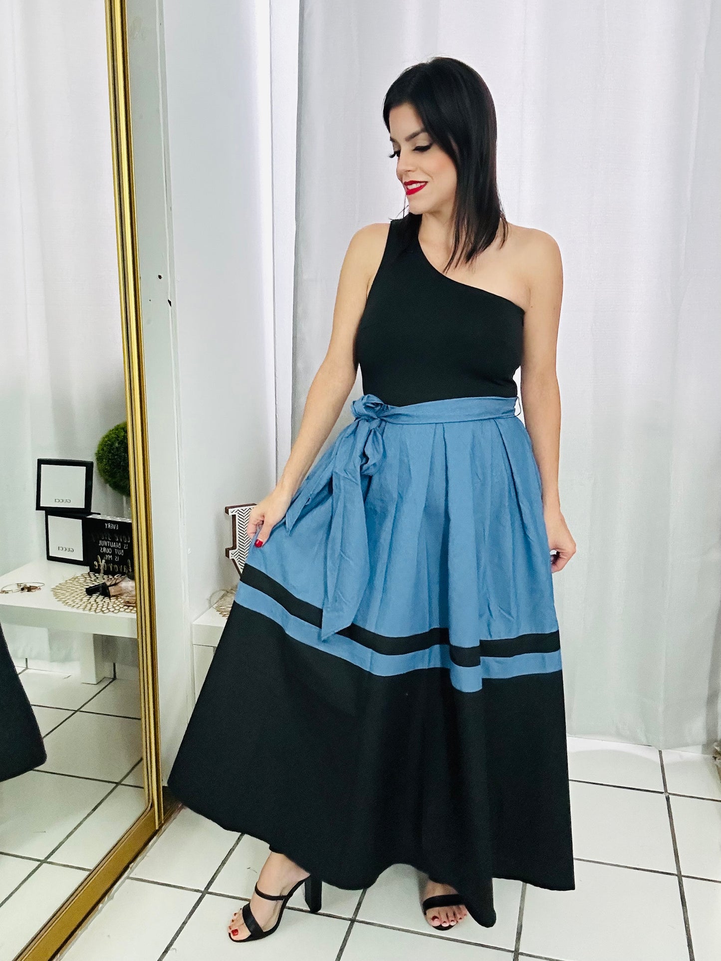 Denim & Black One Shoulder Dress