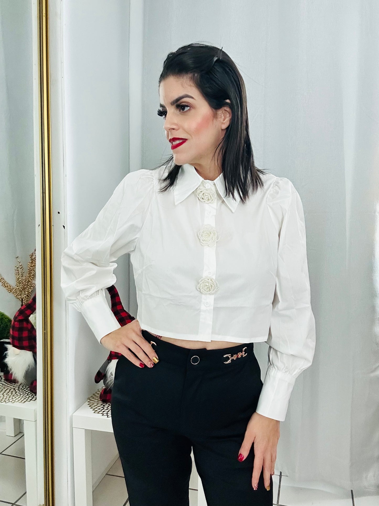 White Flower Buttons Top
