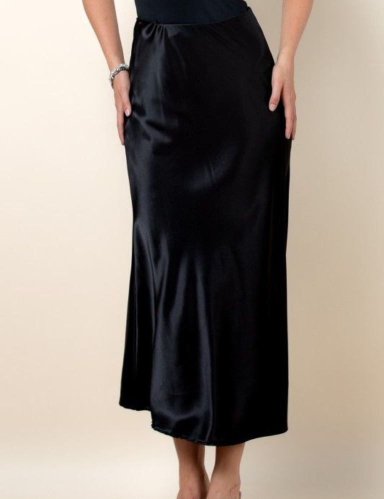 Satin A-Line Midi Skirt - Black