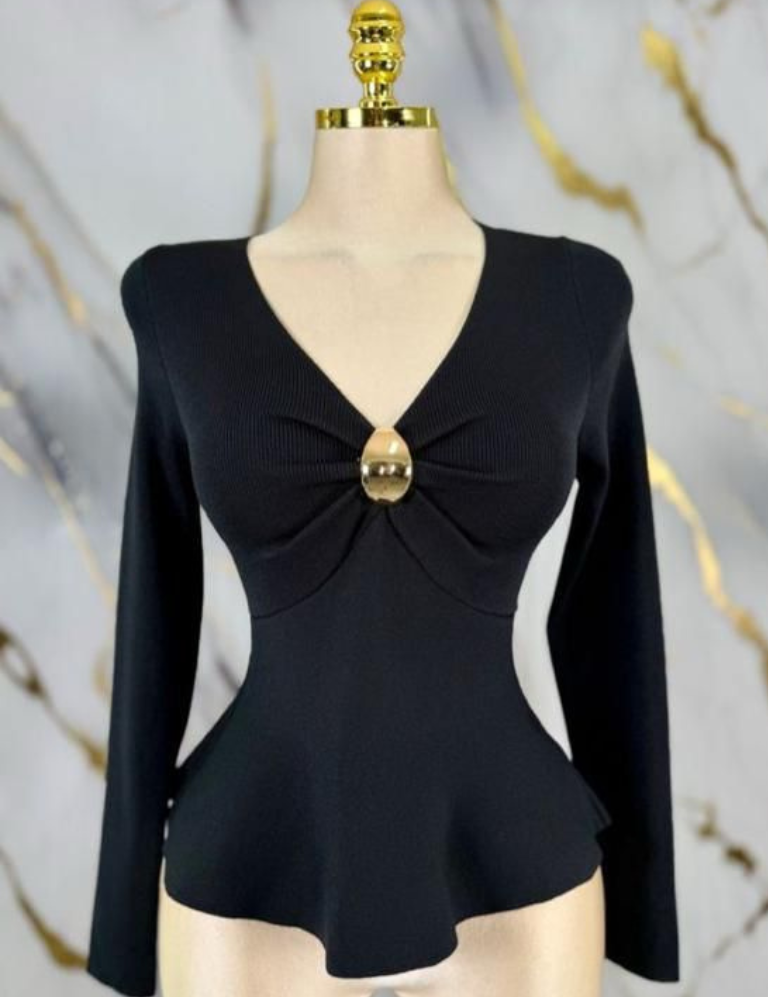 Peplum Long Sleeve Top - Black