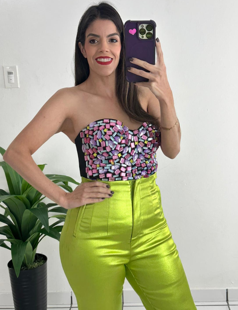 Multi Colored Stone Crop Bustier Top - Pink Mix