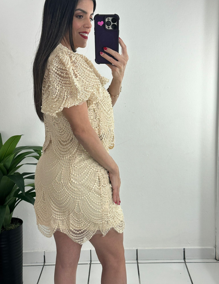 Pearls Top & Mini Skirt Set Beige