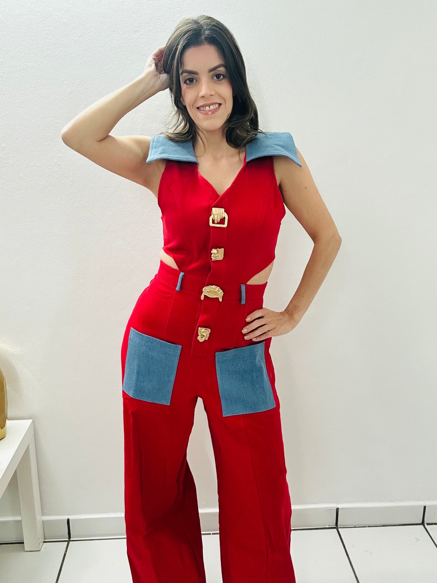 Color Block Red Jumpsuit