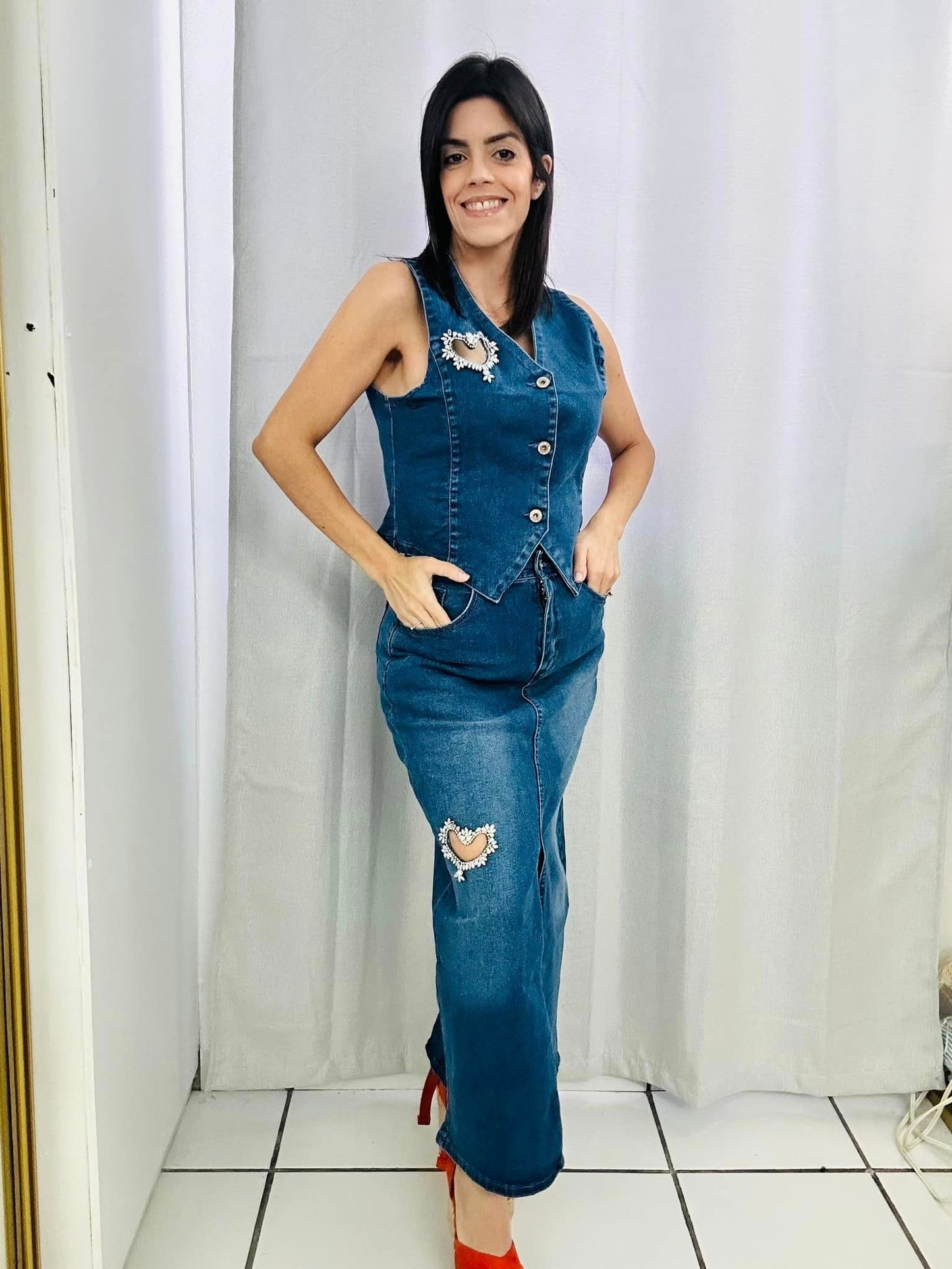 Denim Heart Skirt Set