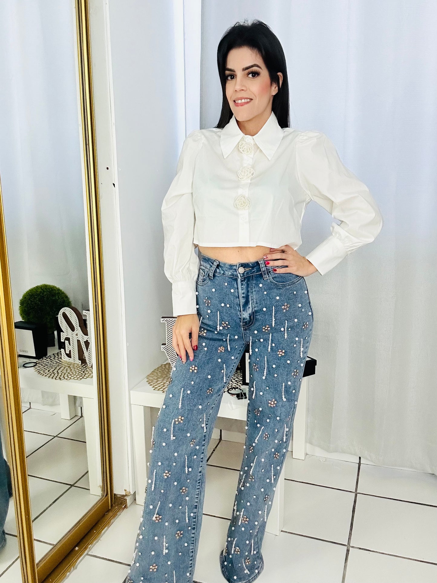 White Flower Buttons Top