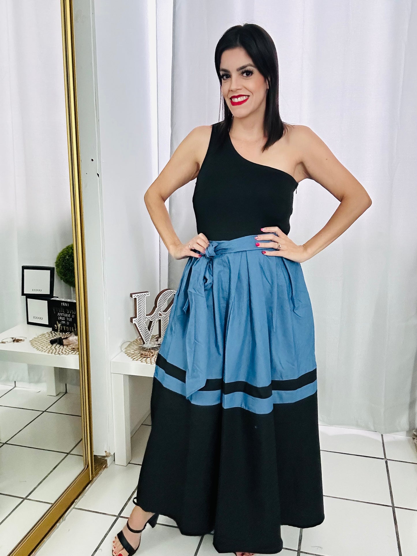 Denim & Black One Shoulder Dress