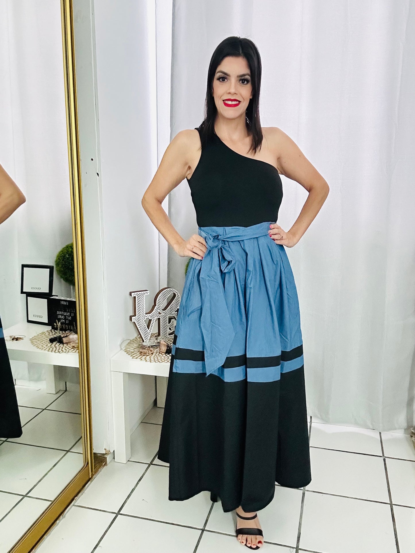 Denim & Black One Shoulder Dress