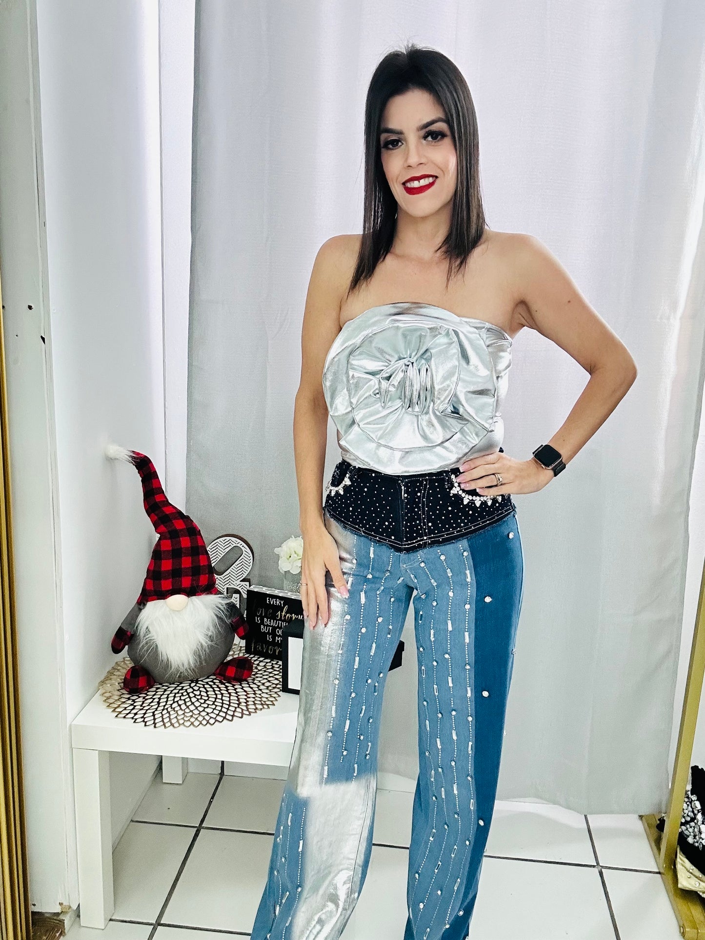 Flower Crop Top Silver