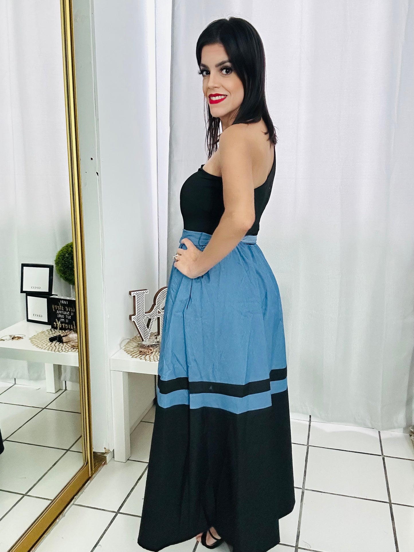 Denim & Black One Shoulder Dress