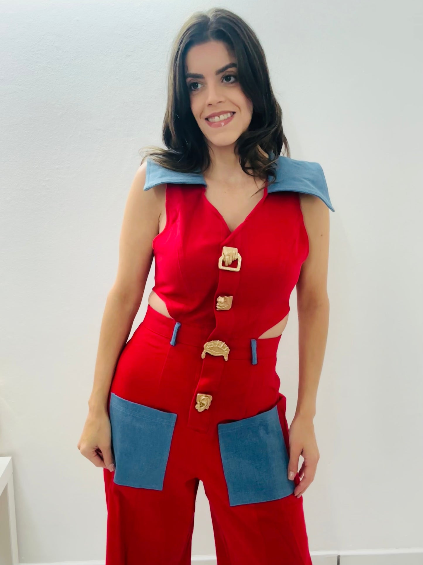 Color Block Red Jumpsuit