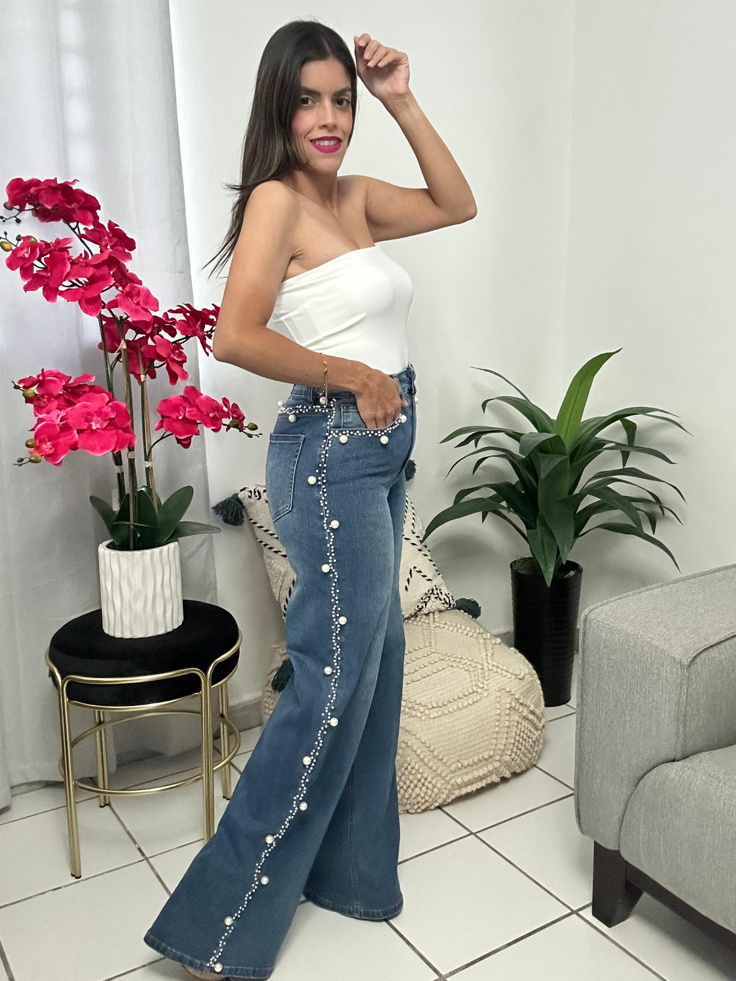 Pearls on Sides Denim Jean