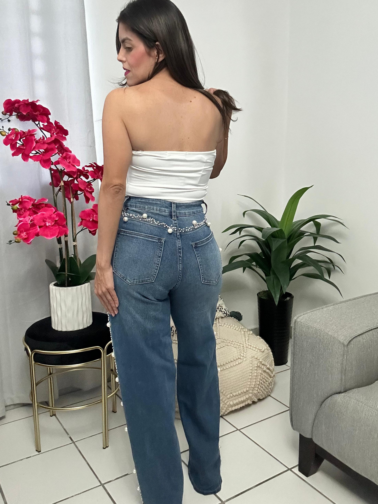Pearls on Sides Denim Jean