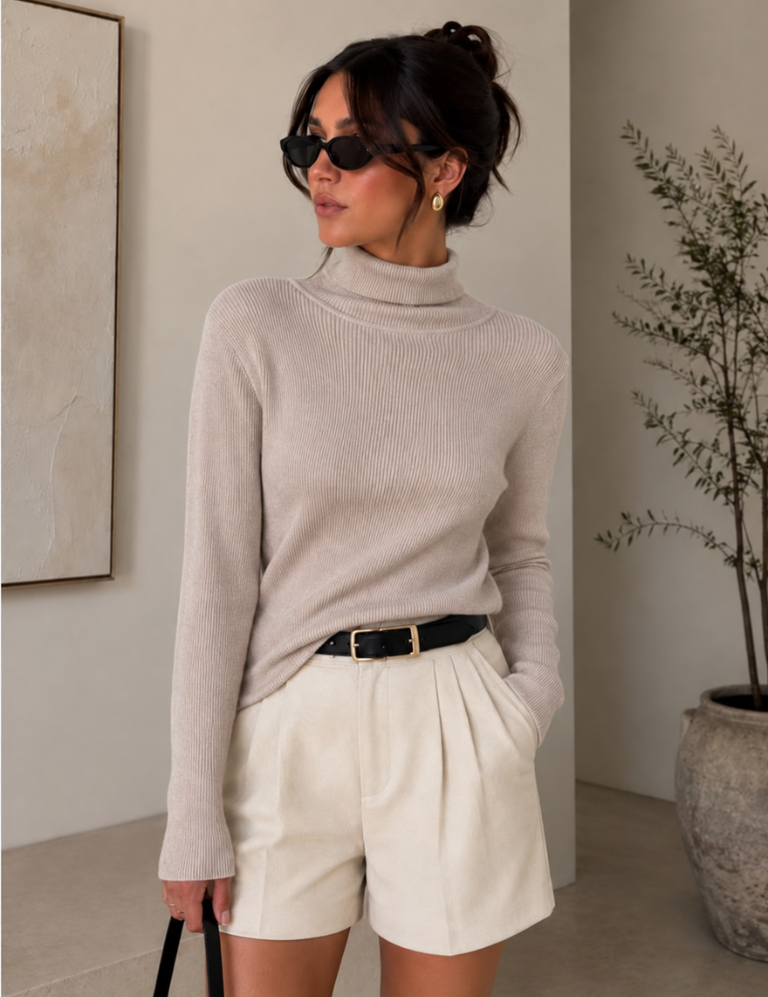 Fine Ribbed Turtleneck Sweater Taupe