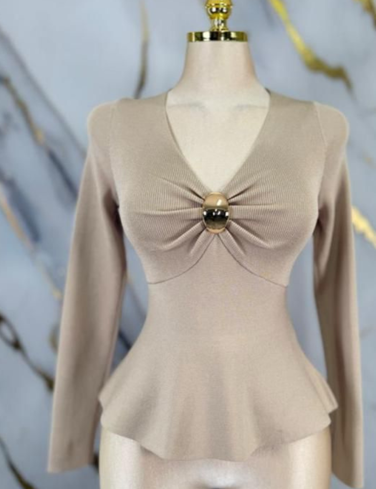 Peplum Long Sleeve Top - Beige
