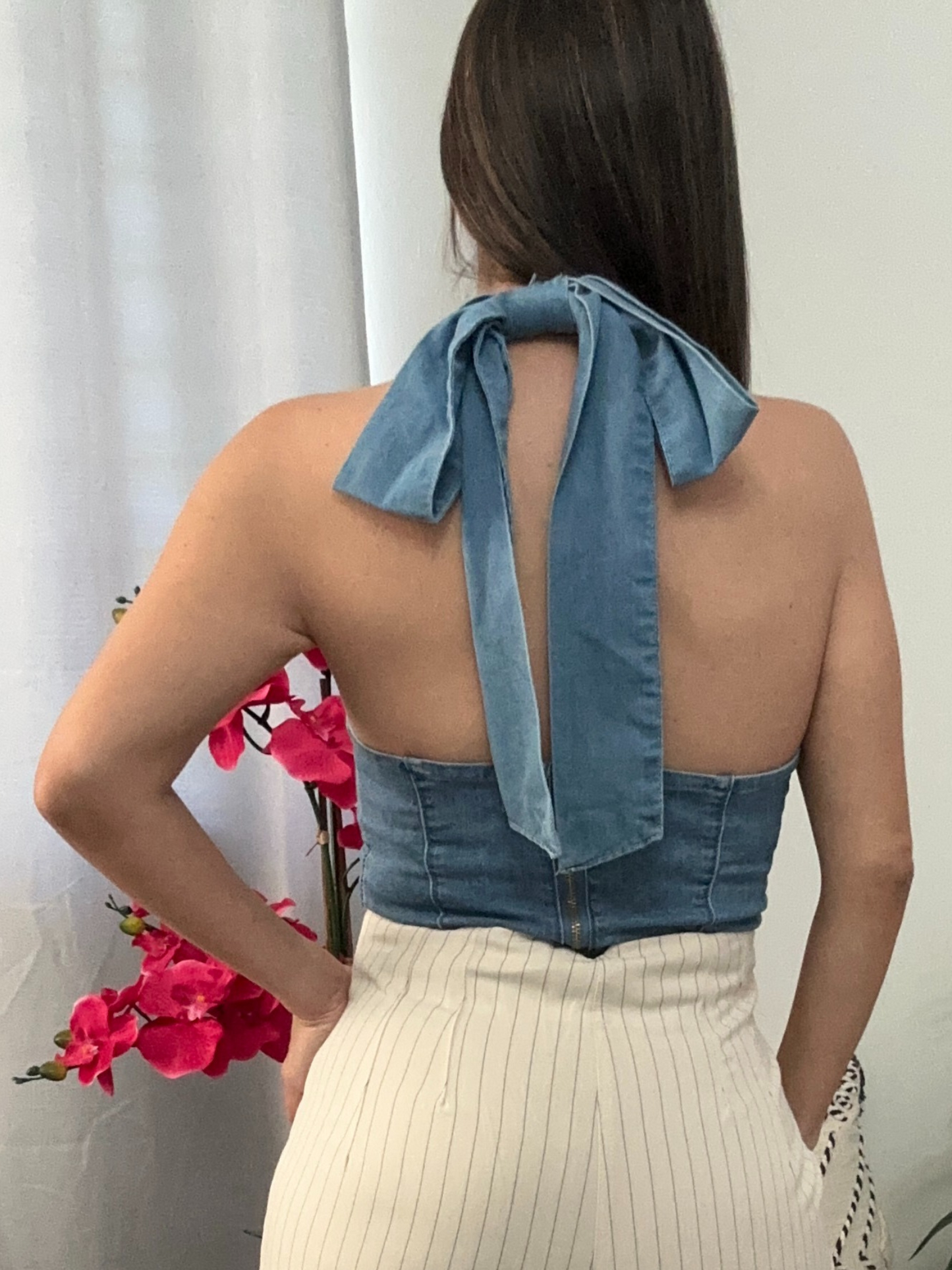 Denim Neck Bow Top