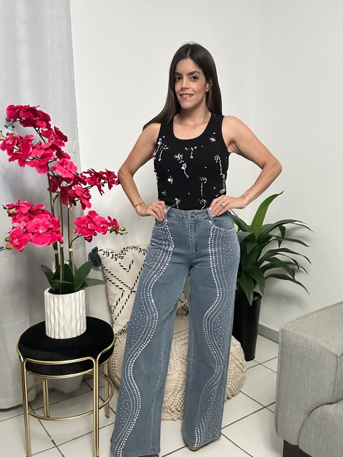 Side Rhinestone Detail Denim