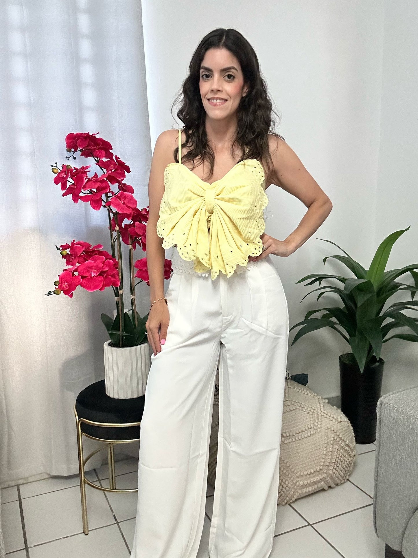 Casual Bow Crop Top Yellow
