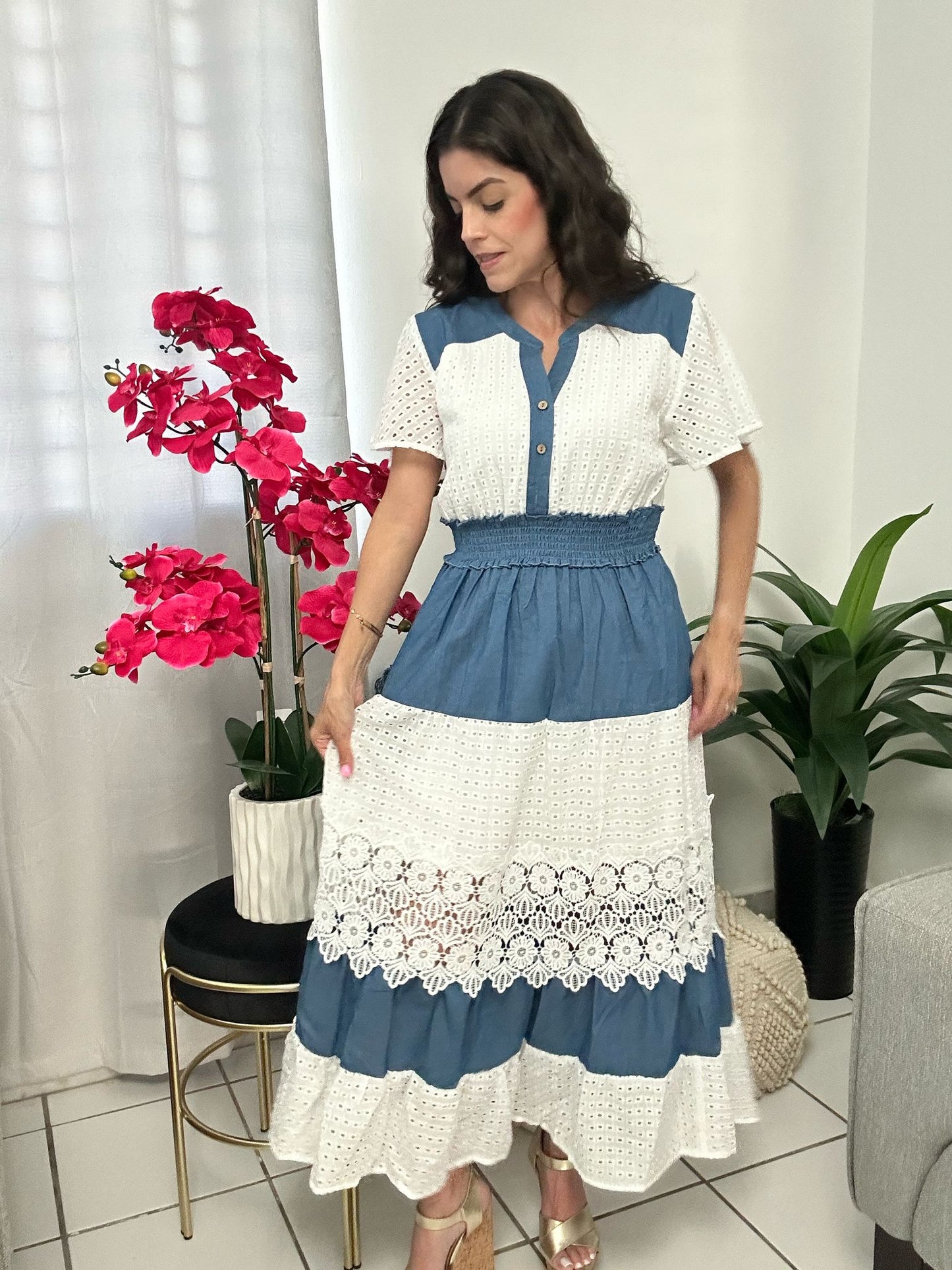 Lace & Denim Midi Dress