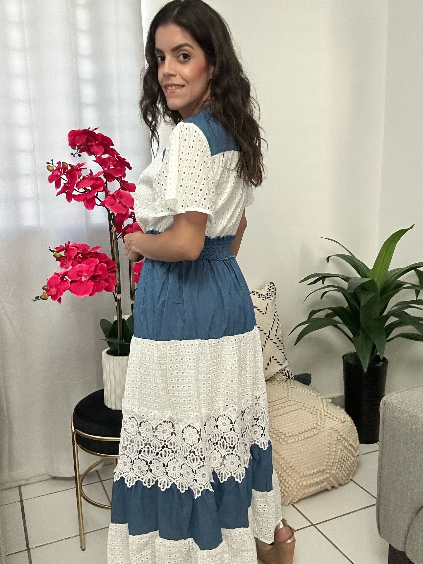 Lace & Denim Midi Dress
