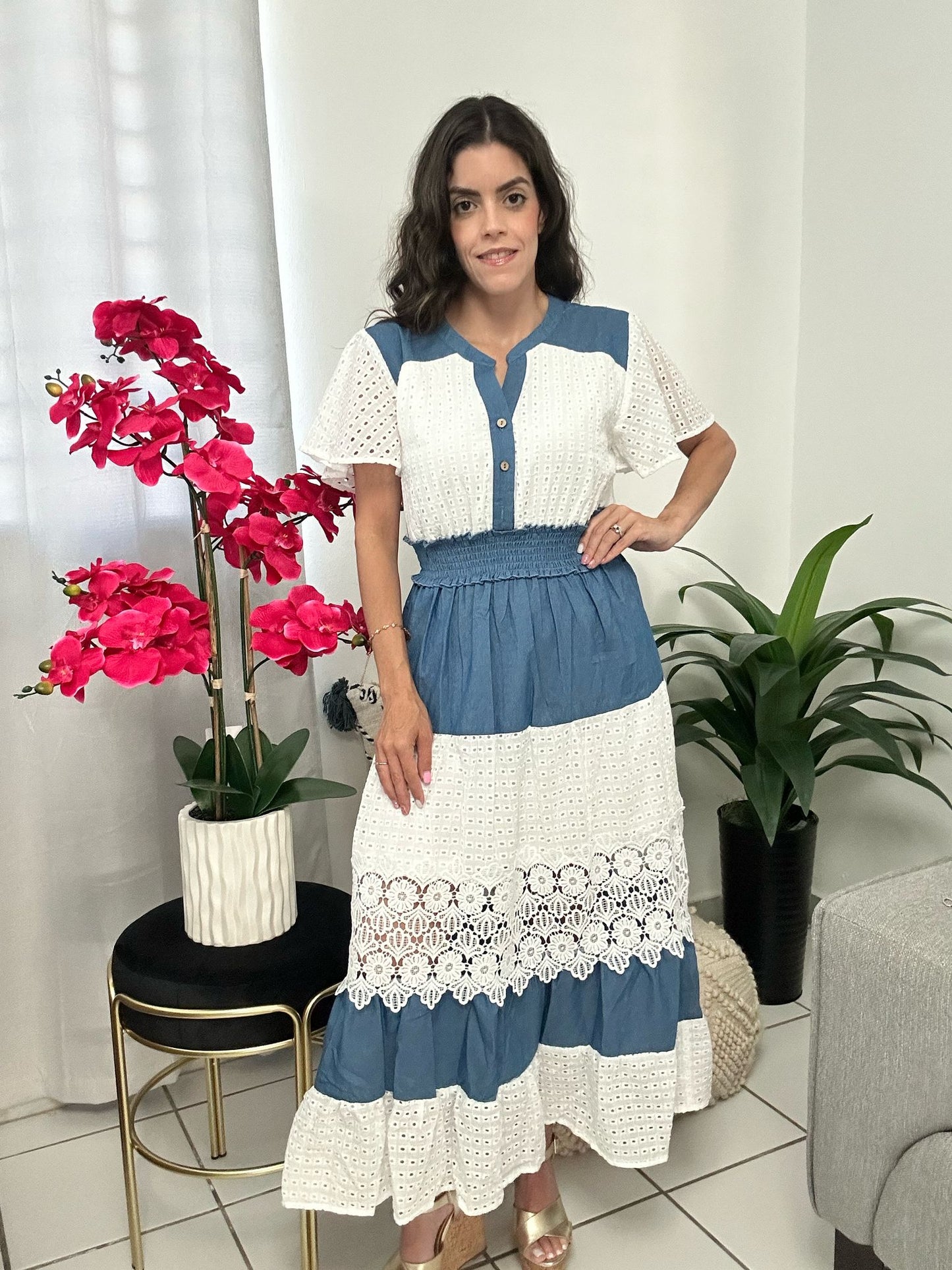 Lace & Denim Midi Dress