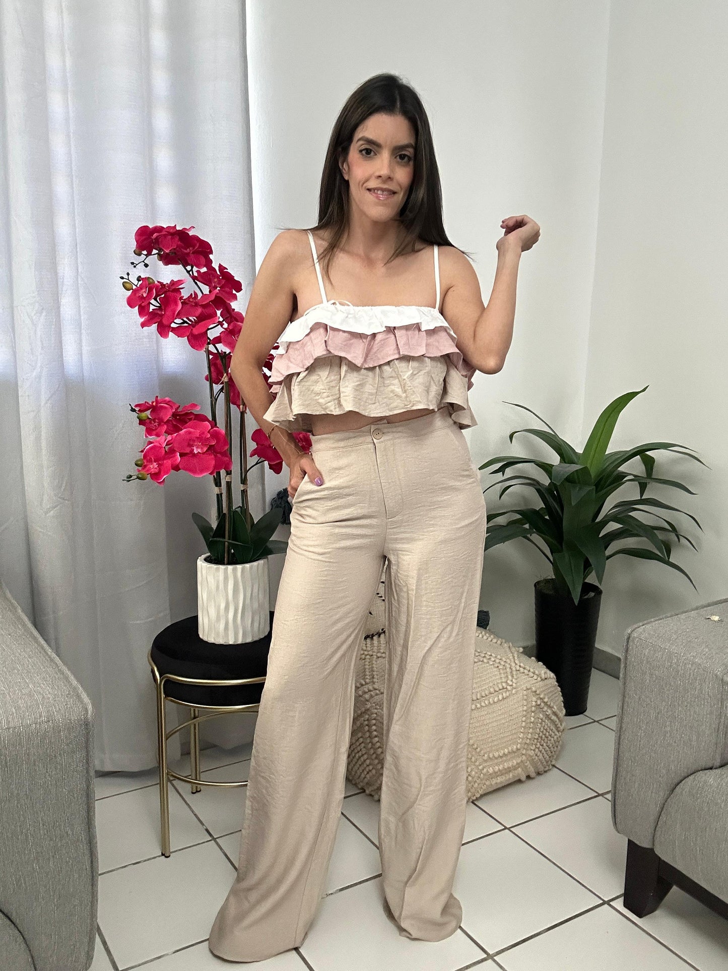 Ruffled Top and Pants Set Natural