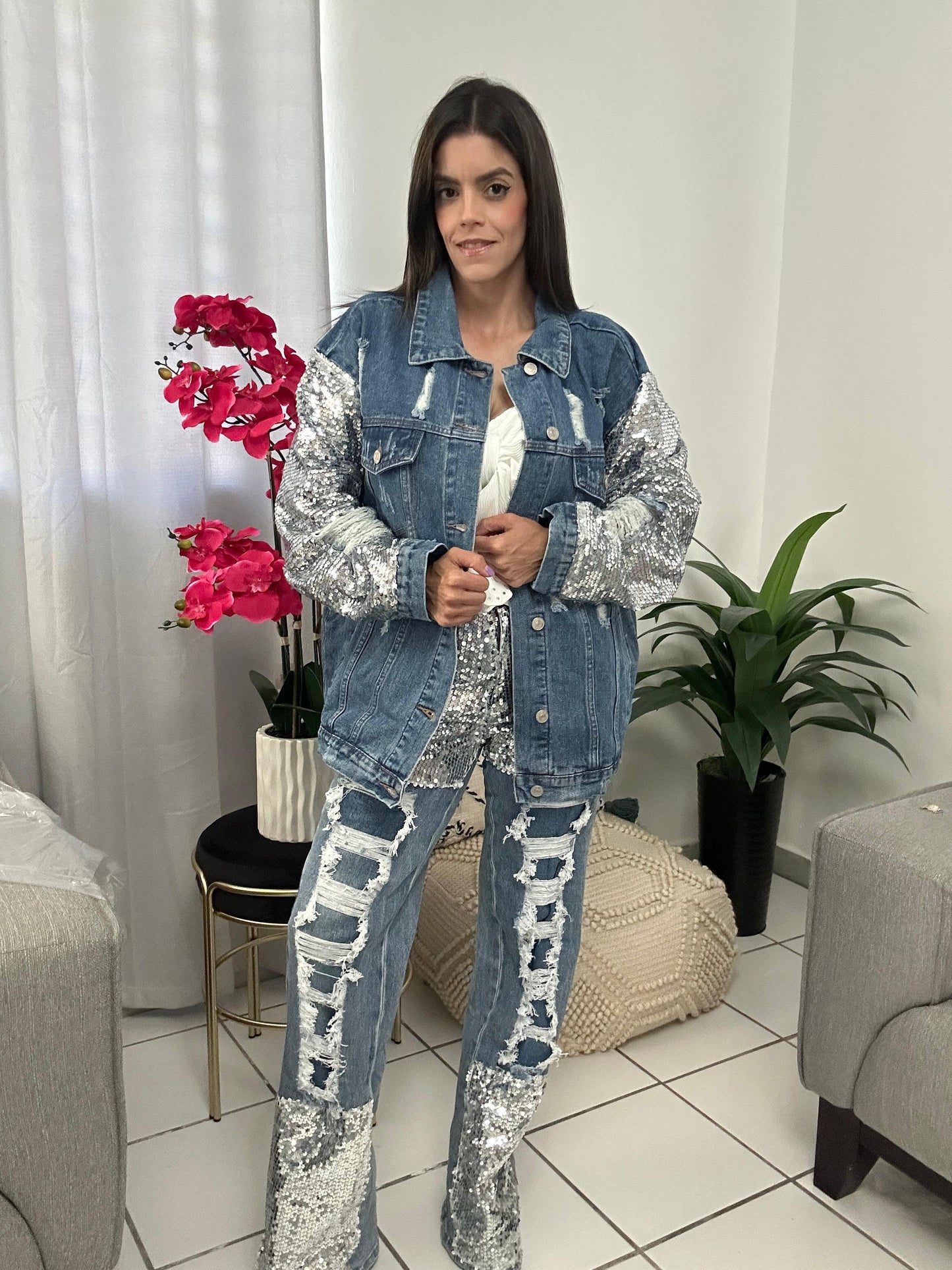 Silver Sequin Denim Jacket