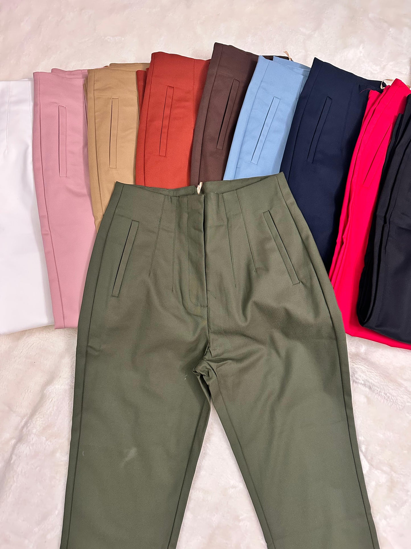 Zara-style high-waisted olive green pants