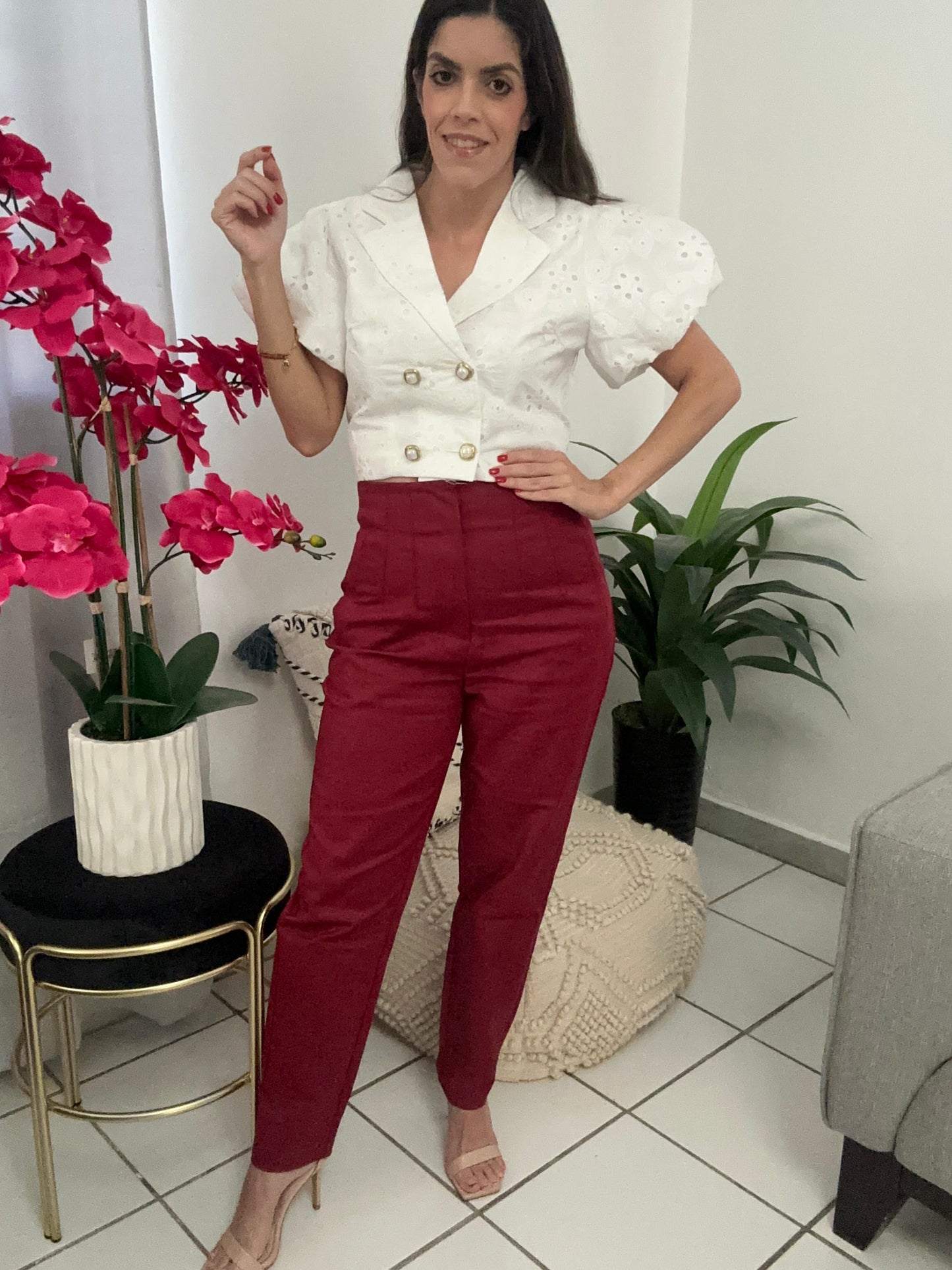 Zara-style high-waisted wine-colored pants
