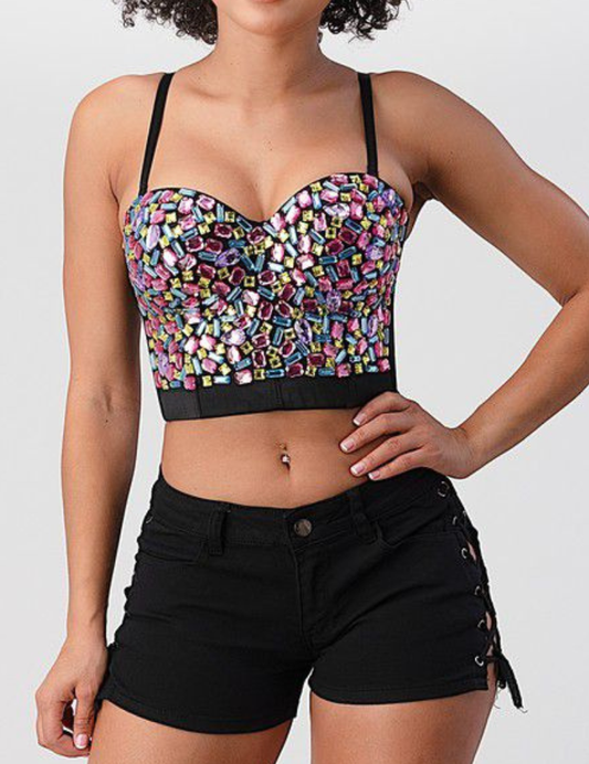Multi Colored Stone Crop Bustier Top - Pink Mix