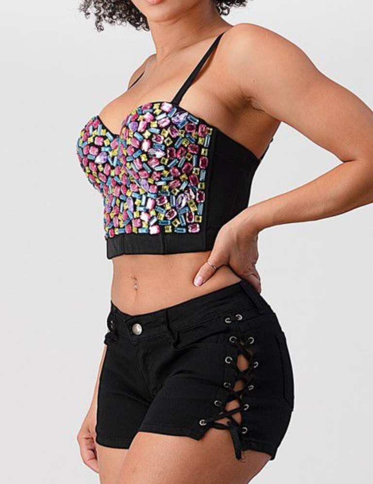 Multi Colored Stone Crop Bustier Top - Pink Mix