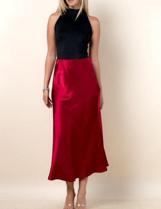 Satin A-Line Midi Skirt - Red