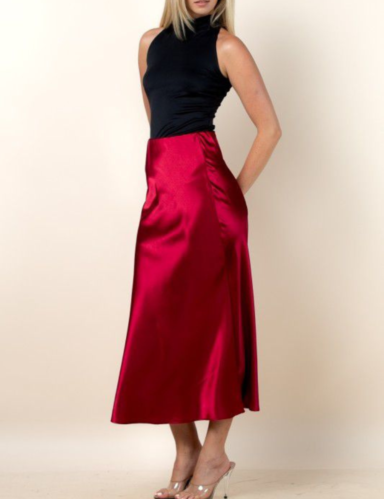 Satin A-Line Midi Skirt - Red