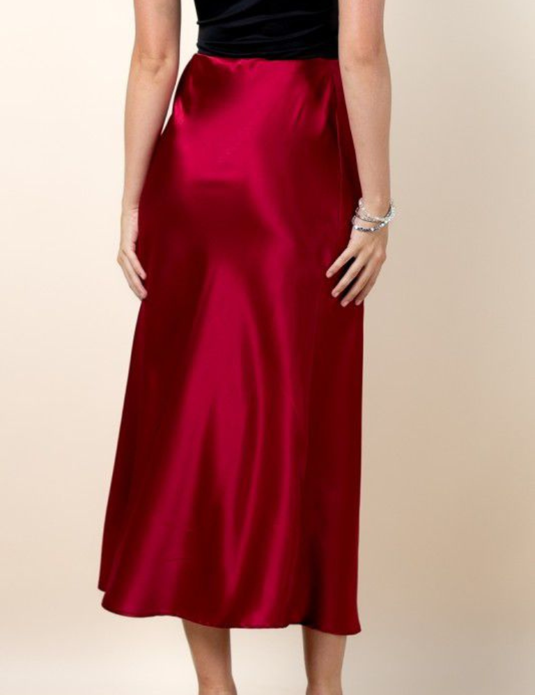 Satin A-Line Midi Skirt - Red
