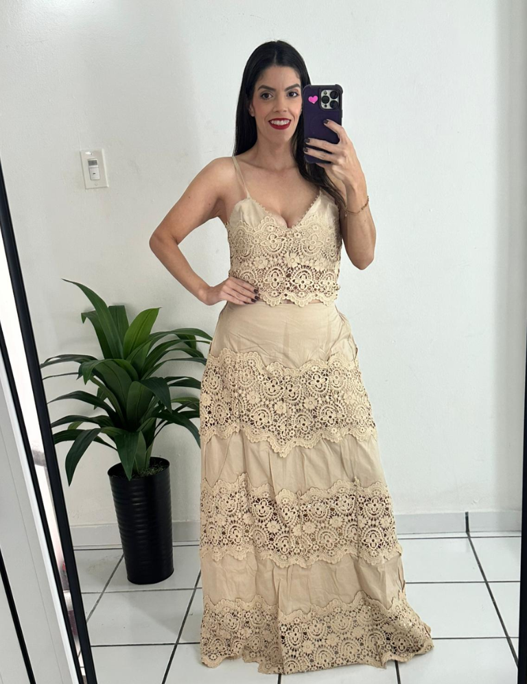 Beige Eyelet Skirt Set