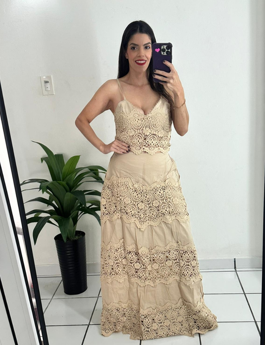 Beige Eyelet Skirt Set