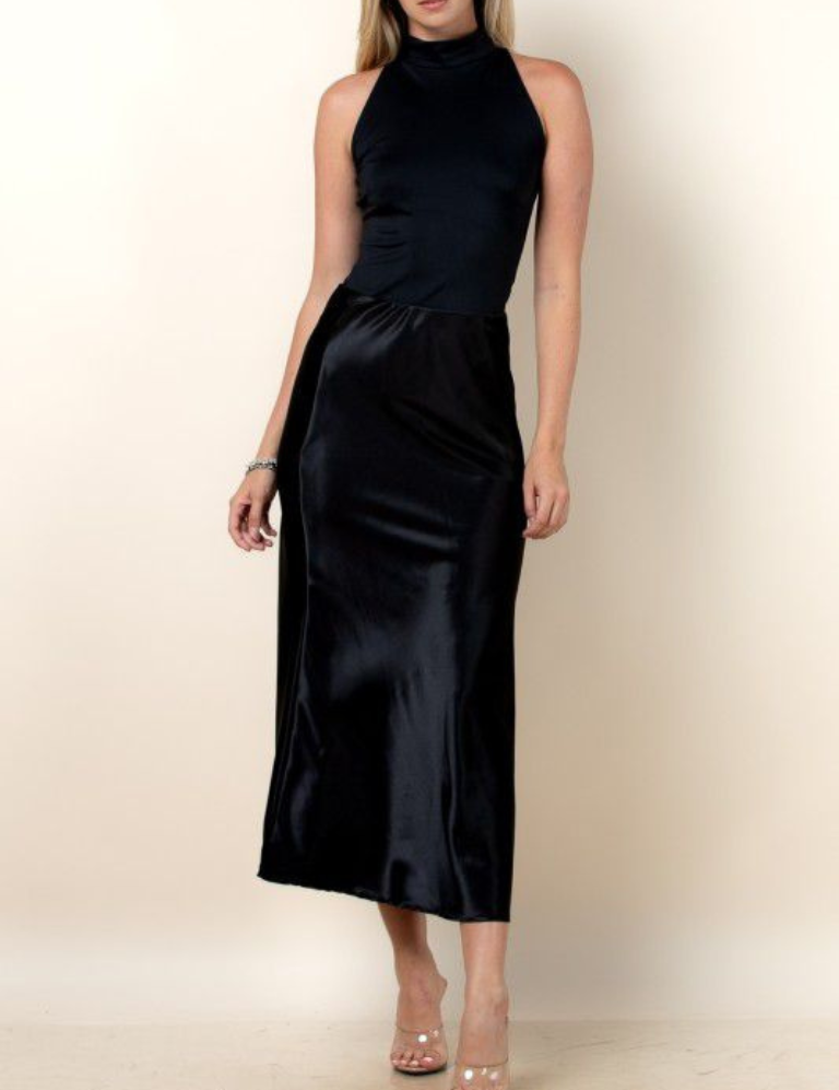 Satin A-Line Midi Skirt - Black