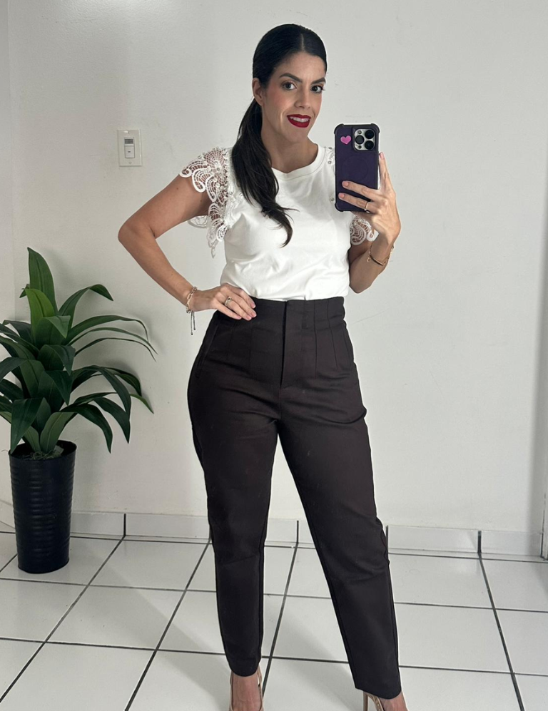 Zara-style high-waisted brown pants