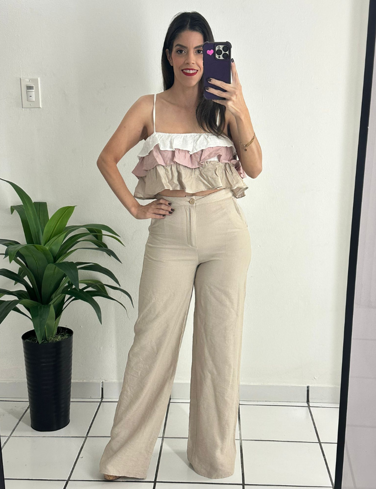 Ruffled Top and Pants Set Natural