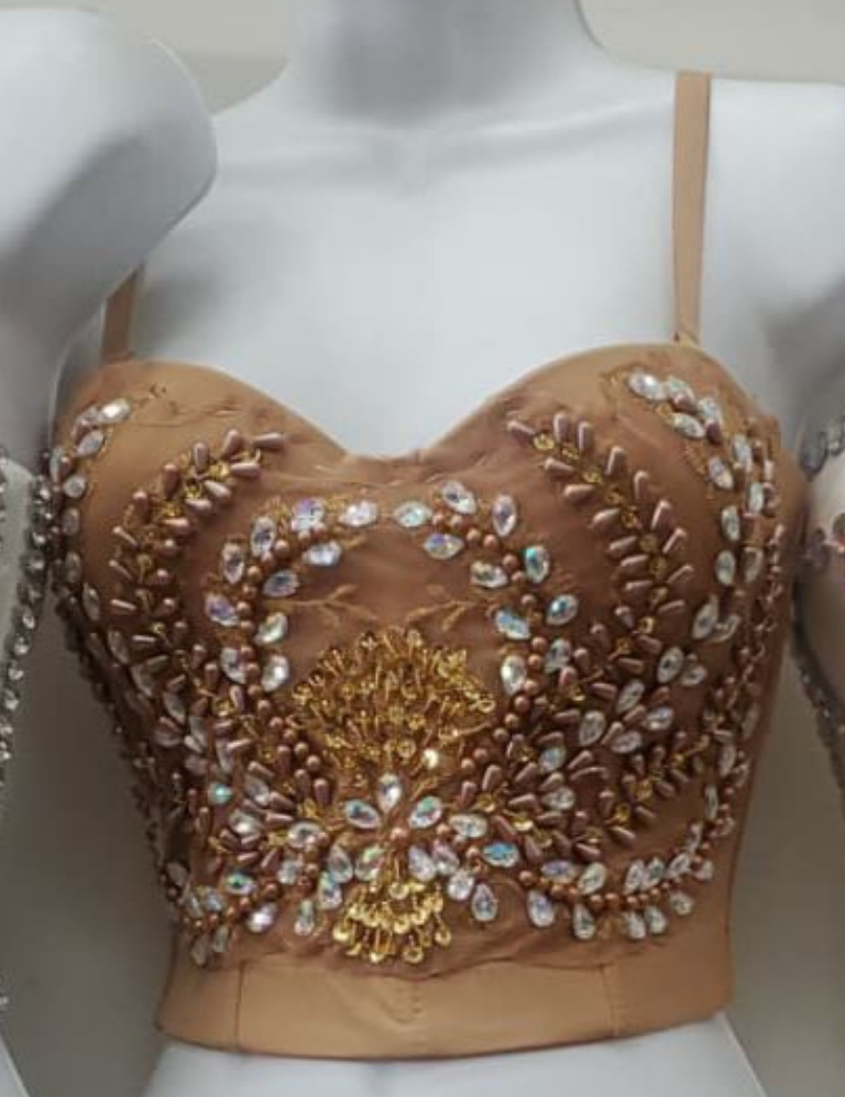 Floral Stone Beads Bustier Top - Nude
