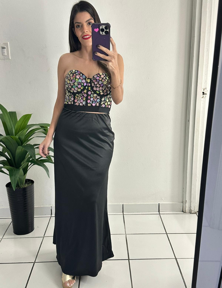 Satin A-Line Midi Skirt - Black