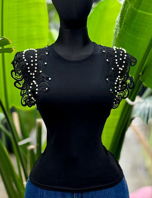 Short Laced Sleeve Top - Black