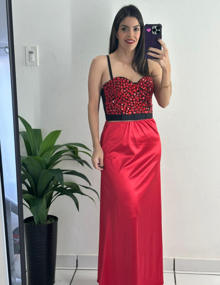 Satin A-Line Midi Skirt - Red