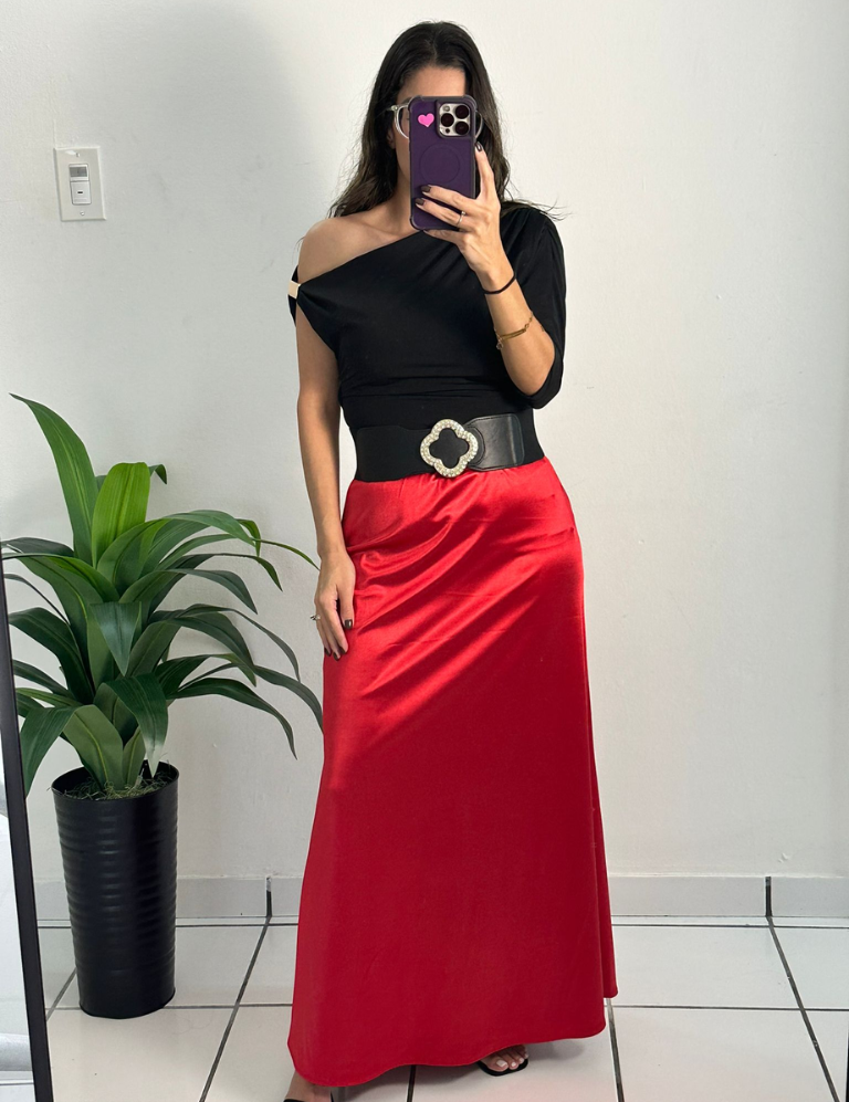 Satin A-Line Midi Skirt - Red