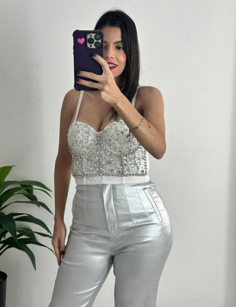 Rhinestone Pattern Bustier Top - White/Silver