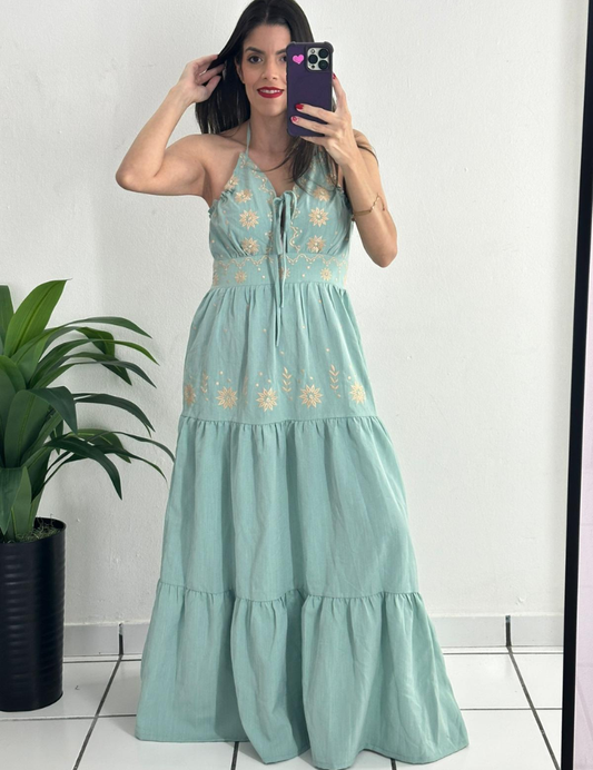 Embroidery Detail Teal Dress