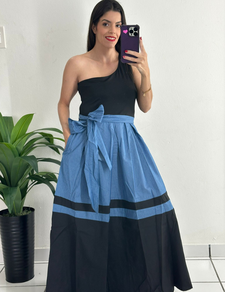 Denim & Black One Shoulder Dress