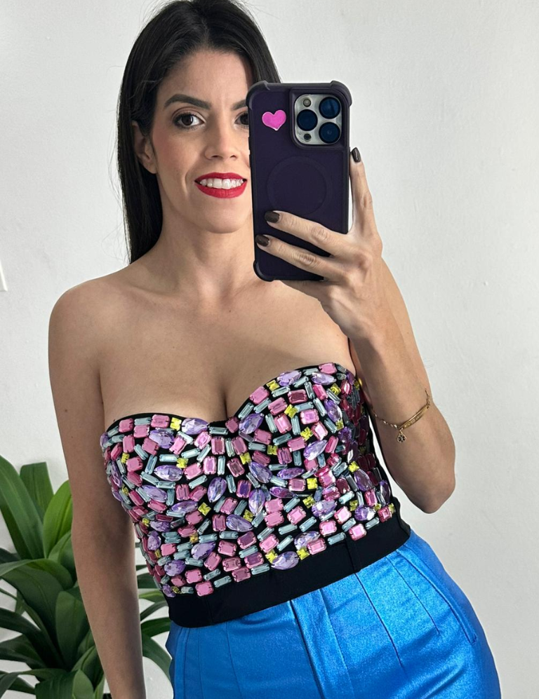 Multi Colored Stone Crop Bustier Top - Pink Mix