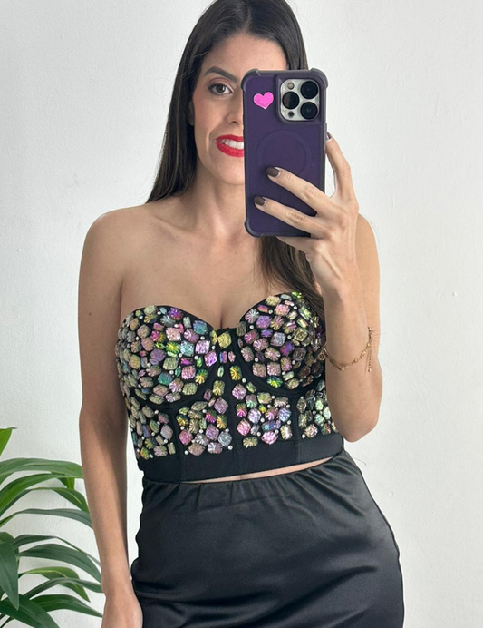 Mix Multi Color Rainbow Stones Bustier Top