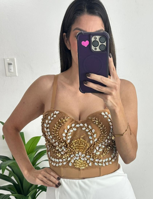 Floral Stone Beads Bustier Top - Nude