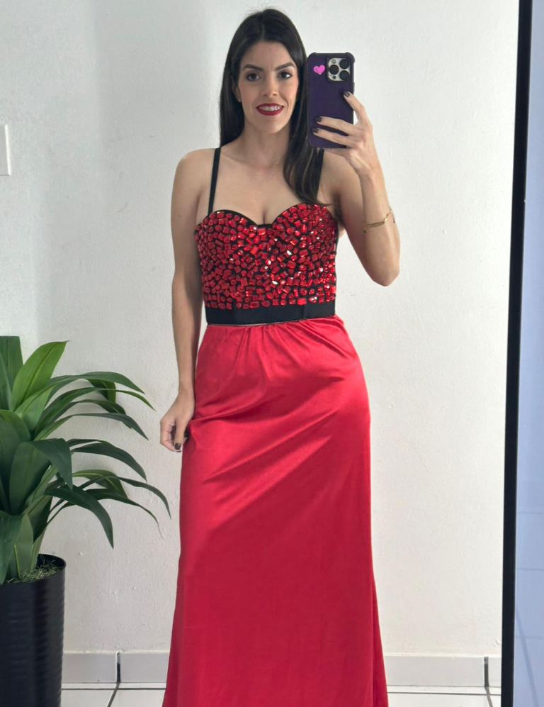 Rhinestone Cropped Bustier Top - Black/Red